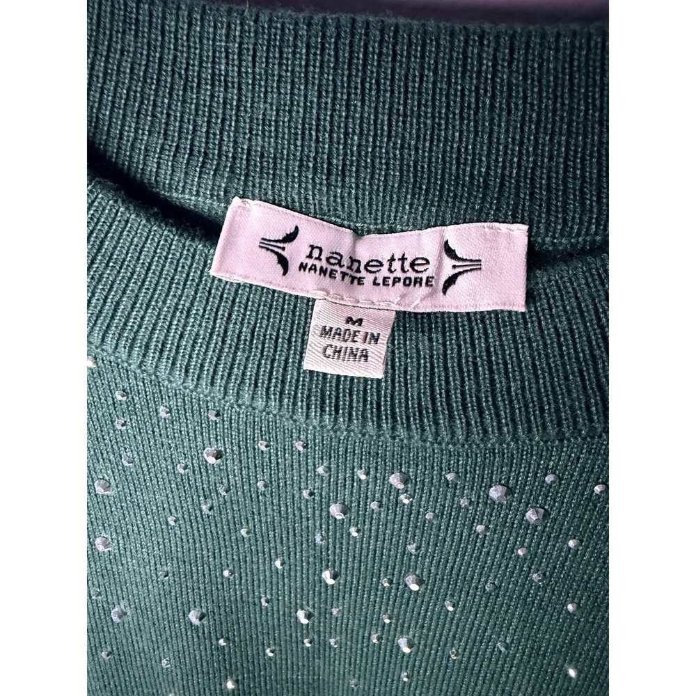 Nanette Lepore Rhinestone Knit Sweater Evergreen Green Womens Medium‎ NWT - Picture 4 of 7